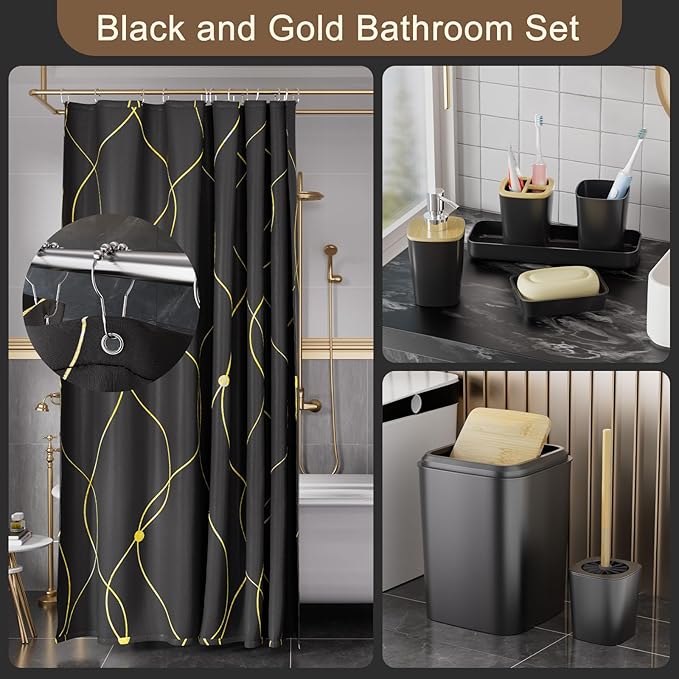 XLHOMO Black and Gold Bathroom Accessories Set - 24PCS with Shower Curtain, Rugs, and Waterproof Curtain Set