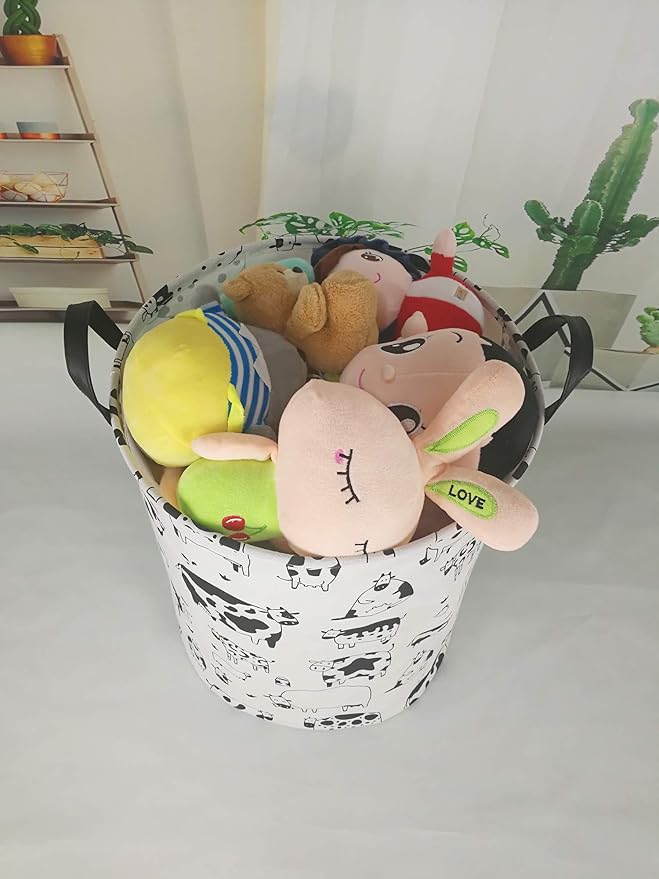 KUNRO Round Laundry Gift Basket Storage Hamper, Clothes Storage Organizer Bins, Shelf Basket with Handles for Room Decor (Cow)