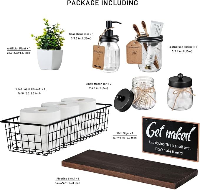 SheeChung Mason Jar Bathroom Accessories Set with Floating Shelves, Soap Dispenser, Toothbrush Holder, Qtip Holders, Paper Storage, Artificial Plant, Decor Sign, Farmhouse Bathroom Decor-Rustic Brown