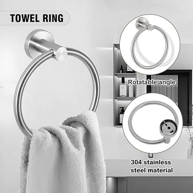 5-Piece Towel Racks for Bathroom, Stainless Steel Bathroom Accessories Set, Bathroom Towel Holder Wall Mounted, Sturdy Bath Towel Bar Set Bathroom Hardware Set (Brushed)