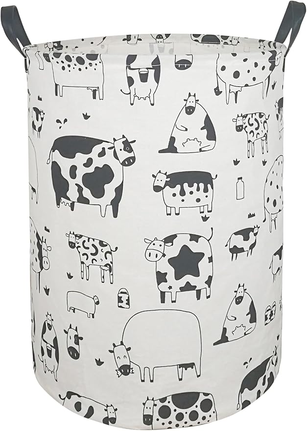 KUNRO Round Laundry Gift Basket Storage Hamper, Clothes Storage Organizer Bins, Shelf Basket with Handles for Room Decor (Cow)