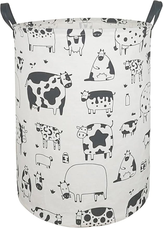 KUNRO Round Laundry Gift Basket Storage Hamper, Clothes Storage Organizer Bins, Shelf Basket with Handles for Room Decor (Cow)