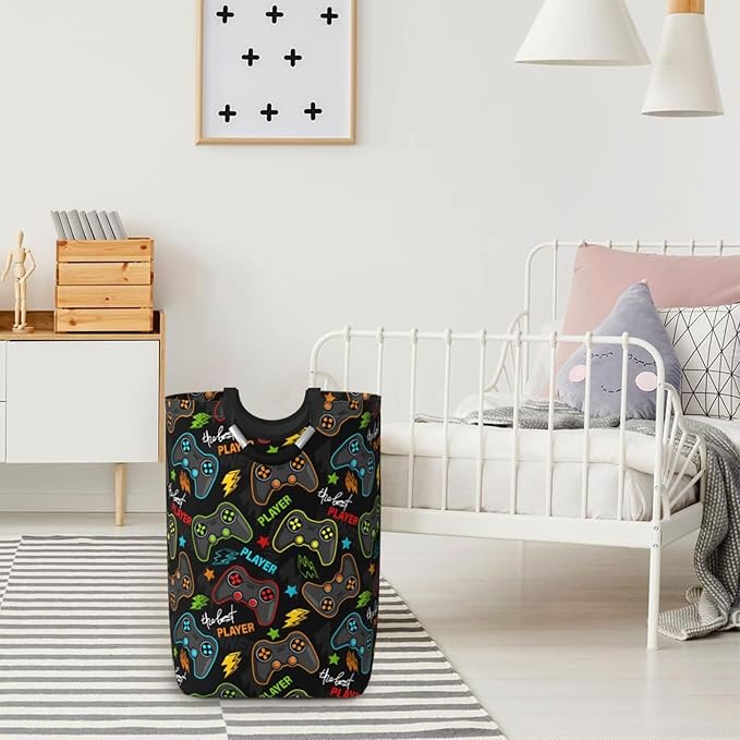 Video Game Gamer Gamepad Large Laundry Hamper Gaming Theme Storage Basket Toys Clothes Organizer Bin For Home Bathroom Bedroom Dorm Nursery, 60l