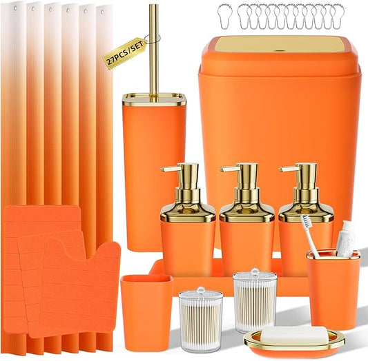 Bathroom Set - 27PC Bathroom Sets with Shower Curtain and Rugs, Orange Bathroom Set, Orange Bathroom Accessories Set with Push-lid Trash Can, Toilet Brush & Soap Dispensers