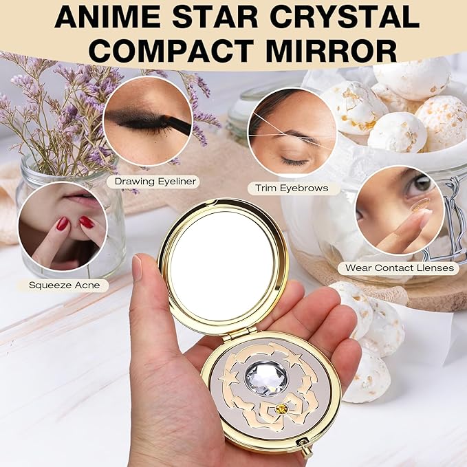 Anime Star Makeup Mirror, Cute Japanese Style Portable Folding Mirror with Crystal - 2.75 Inch Travel Purse Mirror, Unique Cosmetic Mirror & Cosplay Prop Gift for Women and Girls