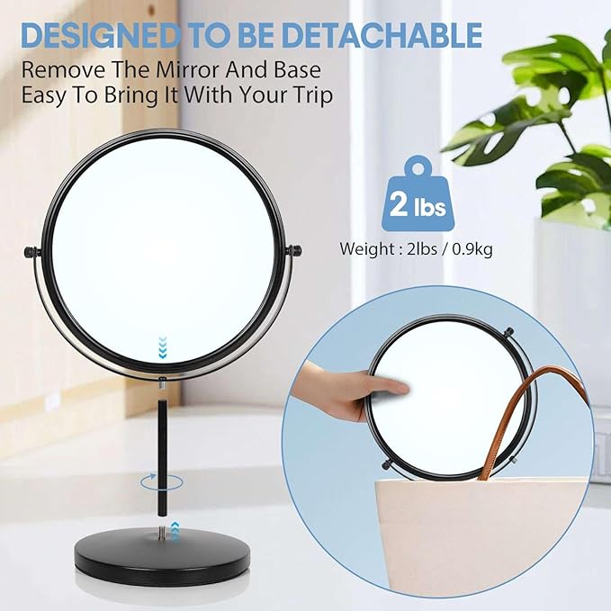 Large Size Tabletop Makeup Mirror with Magnification, 9-Inch Double-Sided 360° Swivel Free Standing Vanity Mirror, 1X/10X Magnifying Mirror with Stand for Bathroom & Bedroom, Matte Black, No Light