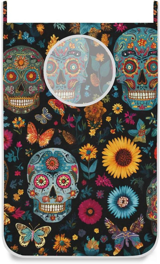 Mexican Skulls and Flowers Hanging Laundry Hamper Door Hampers Bag Basket with Stainless Steel Hooks Oxford Fabric Printing Decorative Clothes Bags 29.5X20inch 2Pack