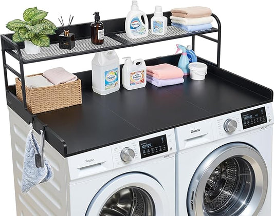 VEVOR Washer Dryer Countertop with Shelf, 54 x 27 in Wooden Washer and Dryer Topper with Shelf and 2 Hooks, Laundry Machine Topper for Laundry Closet Pantry Counter Organization and Storage, Black