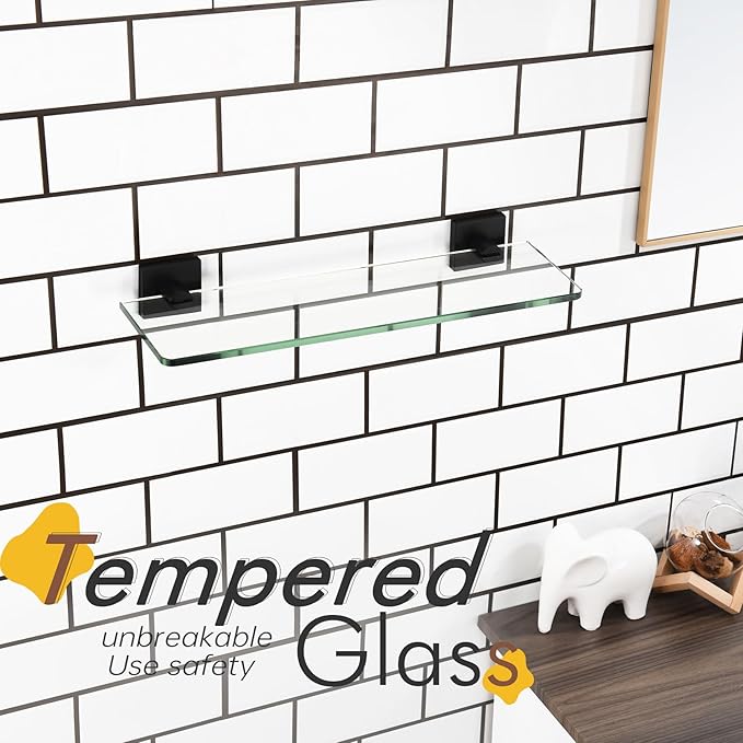 KOKOSIRI Bathroom Glass Shelf 16-Inch Tempered Glass Floating Shelves Shower Storage Kitchen Rack Wall Mount, 2 Pack Black Stainless Steel B1107BK-L16-P2
