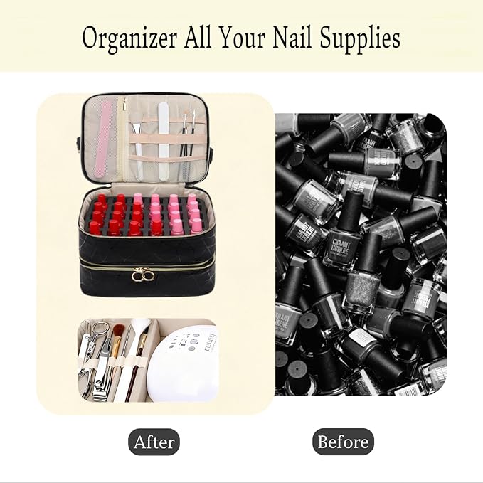 3 Layers Nail Polish Organizer Bag - Holds 60 Bottles,Portable Travel Case with Shoulder Strap,Nail Tech Kit Storage,Versatile Cosmetics Case,Detachable,Waterproof,Gifts for Women