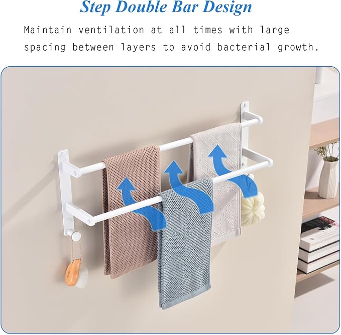 White Double Towel Rack with Hooks, 24 Inch Stainless Steel Towel Rails, Wall Mounted Bathroom Towel Holder