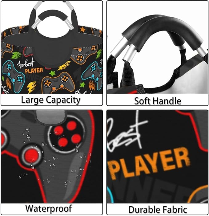 Video Game Gamer Gamepad Large Laundry Hamper Gaming Theme Storage Basket Toys Clothes Organizer Bin For Home Bathroom Bedroom Dorm Nursery, 60l