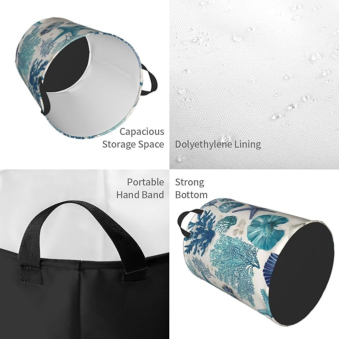 Coastal Ocean Theme with Starfish Design Laundry Hamper, White Blue, Oxford Cloth Storage Basket, Large 19.6x15.7 Inch