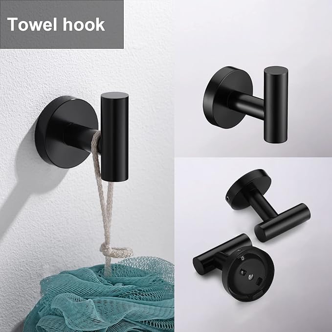 5 Pieces Matte Black Bathroom Hardware Accessories Set Hand Towel Ring 16 inch Towel Bar Toilet Paper Holder Towel Hooks 2 Pieces Round SUS 304 Stainless Steel Heavy Duty Wall Mounted Bathroom Holder