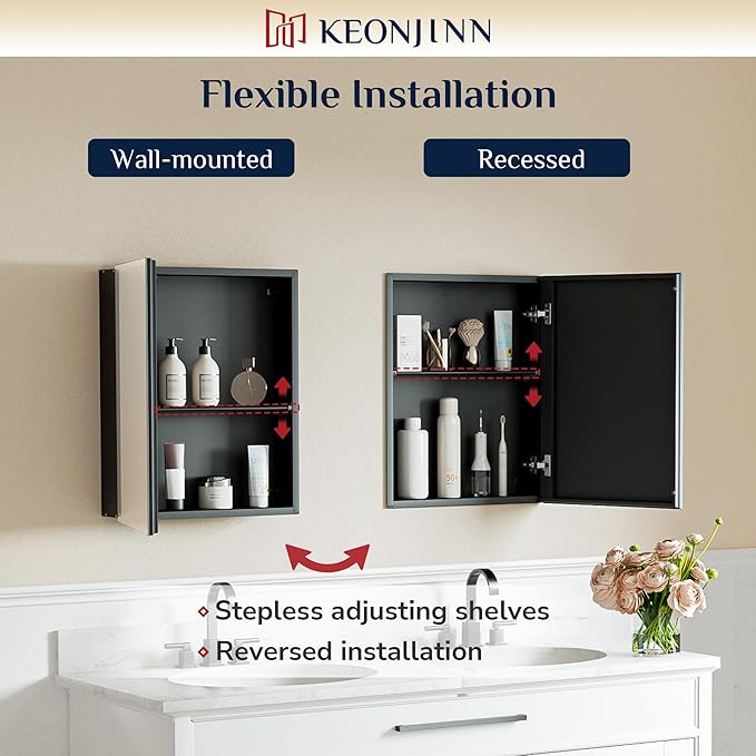 Keonjinn Black Medicine Cabinet 14 x 18 Inch, Assembly Needed, Bathroom Mirrored Medicine Cabinet, Lightweight, Freely Adjustable Shelves, Recessed or Wall Mount, Tempered Glass