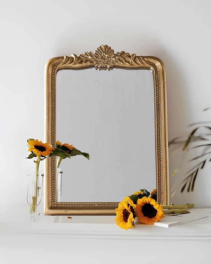 Gold Vintage Vanity Square Mirror, Antique Mirrors for Wall Decorative, Unique Cute Small Mirror, Table Top Makeup Framed Mirrors, Bathroom, Bedroom, Living Room,Fireplace,10.2" L x 7.3" W Gold