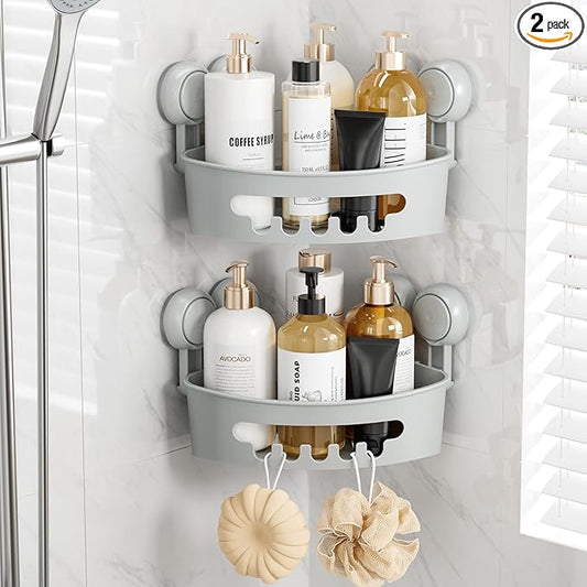 TAILI Suction Corner Shower Caddy, Bathroom Shelf Storage Basket Wall Mounted Organizer for Shampoo, Conditioner, Plastic Rack for Kitchen and Bathroom, Drill-Free Removable-Grey