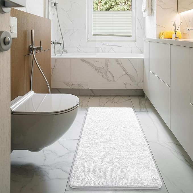 LOCHAS Luxury Bathroom Rug Shaggy Bath Mat 24 x 54 Inch, Washable Non Slip Bath Rugs for Bathroom Shower, Soft Plush Chenille Absorbent Carpets Mats, White