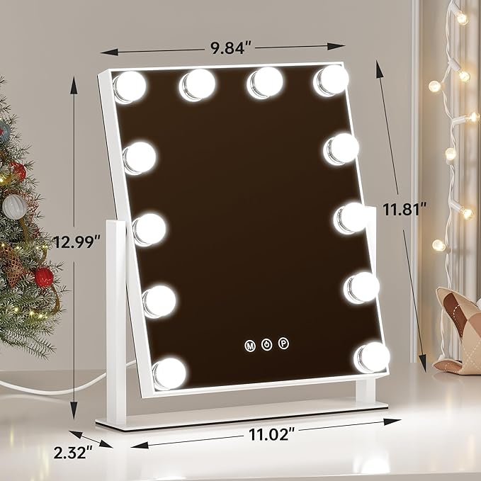 Vanity Mirror with Lights, 12 Bulbs Makeup Mirror with Smart Touch Control, 3-Color Dimmable Lighting, 360° Rotation