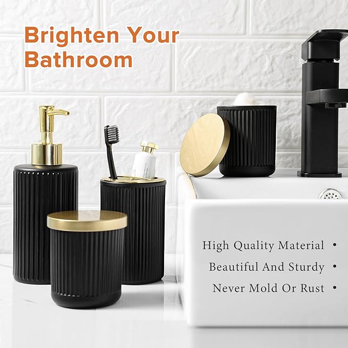 RYTOXILO Matte Black and Gold Bathroom Accessories Set, 4 Pack Glass Bath Accessory Sets Complete, Ribbed Soap Dispenser and Toothbrush Holder Set with 2 Qtip Holders, Modern Gold Bathroom Decor