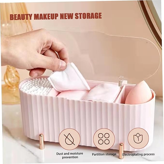 Makeup Organiser 3 Compartments Cotton Pad Holder Cotton Swab Dispenser Makeup Container for Dresser Bedroom Bathroom Cosmetic Bags, Pink
