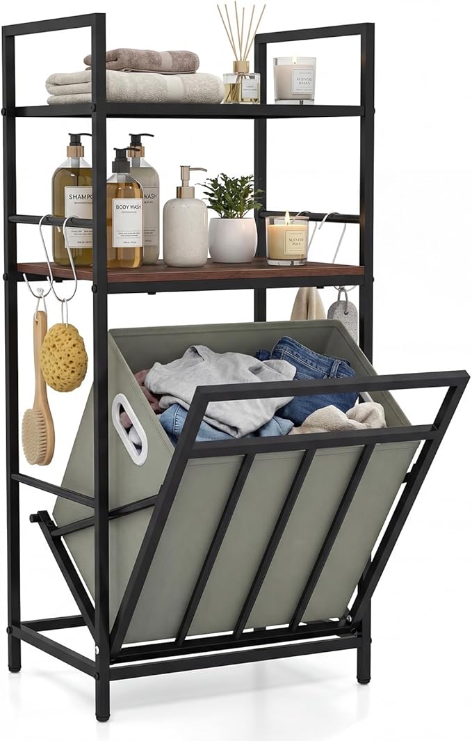 Giantex Tilt out Laundry Hamper, Space Saving Bathroom Storage Cabinet with Removable Basket, 2 Open Shelves & 4 Side Hooks, Hidden Laundry Organizer for Dirty Clothes, Laundry Room, Bedroom