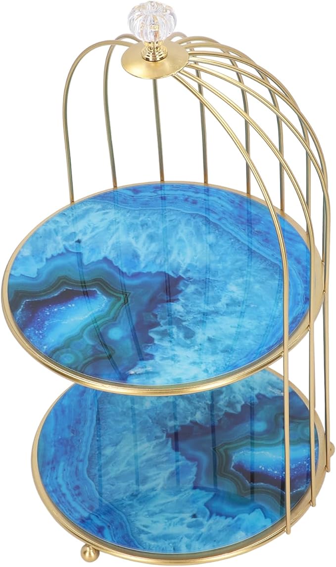 Double Layer Storage Shelf Bird Cage Organizer Display Rack for Bathroom Countertop Dressing Table Gold Frame (Agate Stone Pattern)
