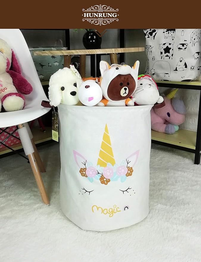 HUNRUNG Laundry Hamper,Large Canvas Fabric Lightweight Storage Basket Toy Organizer Dirty Clothes Collapsible Waterproof for College Dorms, Children Bedroom,Bathroom (Round-Magic-Unicorn)
