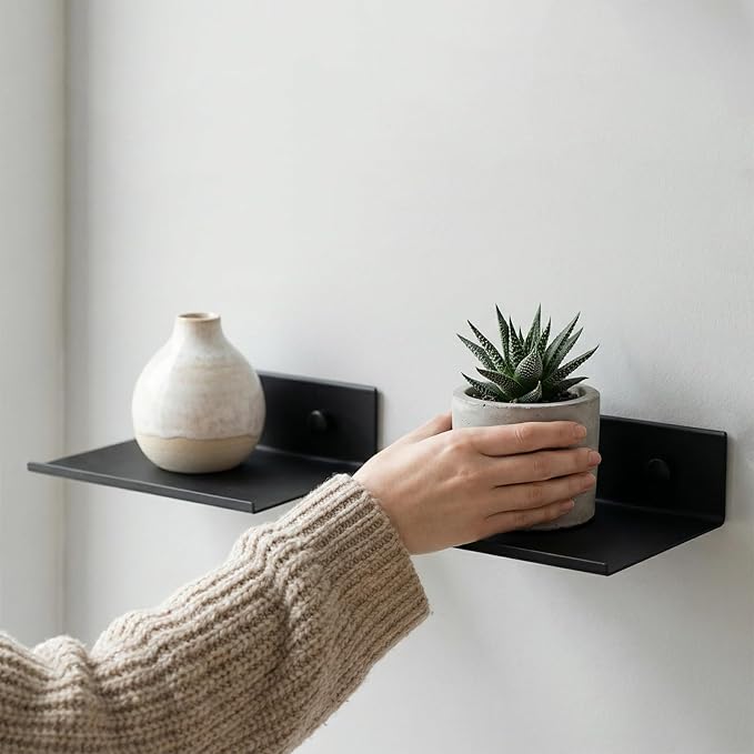 Z metnal 2 Pack 6 Inch Metal Floating Shelves with Safety Lip, Small Wall Mounted Shelf Holds Up to 2.2 Lbs, Matte Black Lightweight Display Ledge with Hidden Screw Caps for Bathroom, Bedroom