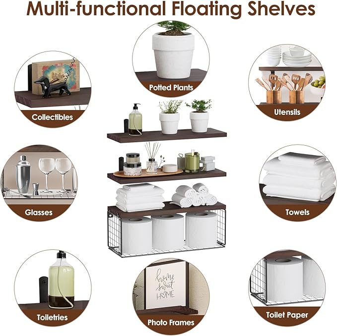2 in 1 Floating Shelves with Storage Basket, Sturdy Paulownia Wood Wall Shelves for Bathroom Living Room