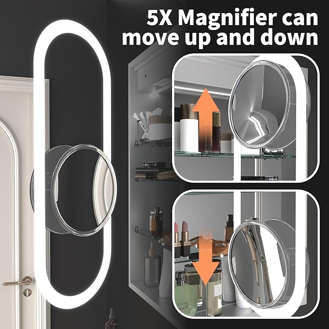 ExBrite 36 x 32 LED Lighted Medicine Cabinet with Mirror, Front & Backlit, Night Light, Clock & Temperature Display, Defog, 5X Magnifier, 3-Color Dimmable LED, Surface or Recessed Mount