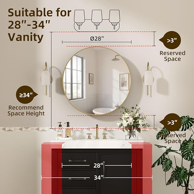 28 x 28 Inch Round Medicine Cabinet with Mirror,Gold Circular Bathroom Cabinet Wall Mounted,Metal Framed Mirror Medicine Cabinet with Adjustable Shelves for Bathroom Vanity