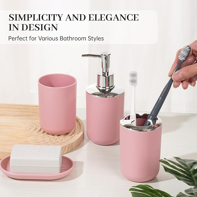 Bathroom Accessory Set, 4 Pcs Plastic Bathroom Set Include Soap Dispenser, Soap Dish, Toothbrush Holder, Mousewash Cup, Modern Bahtroom D??cor Set, Space Save for Bathroom(Light Pink)