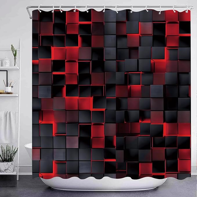 3D Cubes Shower Curtain，Red Black Shower Curtains for Bathroom，Modern Bathroom Shower Curtain，Washable Fabric Bath Curtain 72''x72''