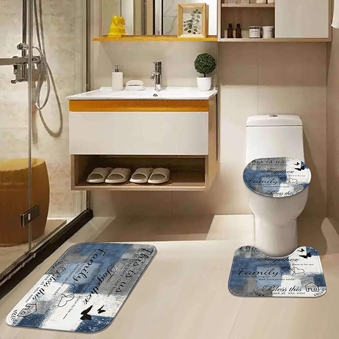 Family Home Motivational Shower Curtain Set with Toilet Lid Cover and Non-Slip Rugs for Bathroom, Blue Grey White Abstract Painting Art 4 Pcs Shower Curtain, Modern Bathroom Set with 12 Hooks