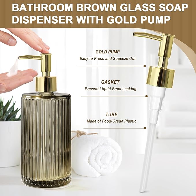 KASUNTING Brown Glass Bathroom Accessories 4 Pcs, Brown Bathroom Set, Soap Dispenser and Toothbrush Holder Set, Qtip Holder Set, Vintage Bathroom Sink Set, Modern Bathroom Decor