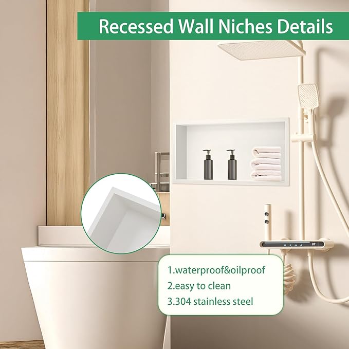SaniteModar Shower Niche, Stainless Steel Shower Niche No Tile Needed, Recessed for Bathroom Storage (Warm White, 24" x 12")