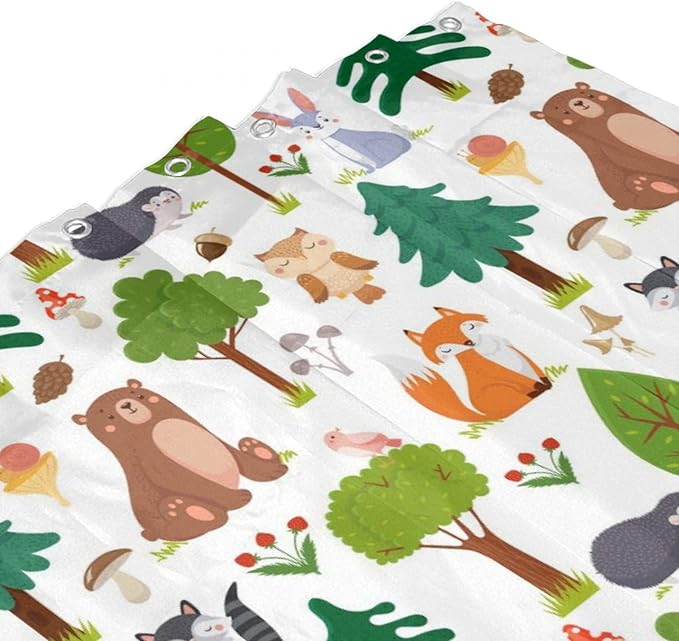 Kids Baby Woodland Shower Curtain Animals Cartoon Girls Children's Cute Cartoon Funny Colorful Weeds Plants Fox Waterproof Fabric Bathroom Decor 66x72 Inches(168x183cm), Style-12