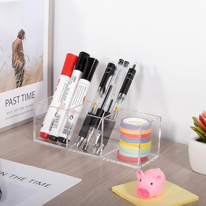 Acrylic Makeup Organizer 3 Section Clear 7.1x2.36x2.36 Inches Pen Holder 3 Compartments Pencil Organizer Cup Plastic Storage Organizer Plastic Square Cube for Makeup Jewelry Accessories