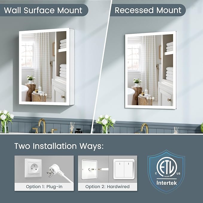 24x30 Inch Lighted Medicine Cabinet with Mirror, AL Alloy Frame, Plug-in or Hardwired, Recessed or Surface Mount, 3 Colors/Dimmable/Interior Sensor Light/Defog, 2 Outlets & USBs, 2 Shelves