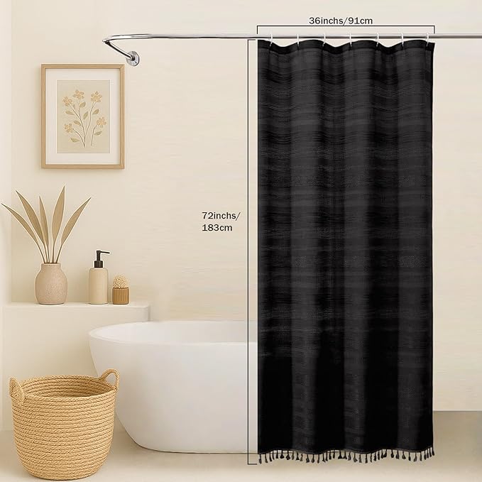 OVZME Black Boho Stall Shower Curtain, Narrow Soft Fabric Striped Linen Textured Bathroom Shower Curtain with Tassel, Modern Farmhouse Machine Washable Bath Decor, Black, 36Wx72L Inches