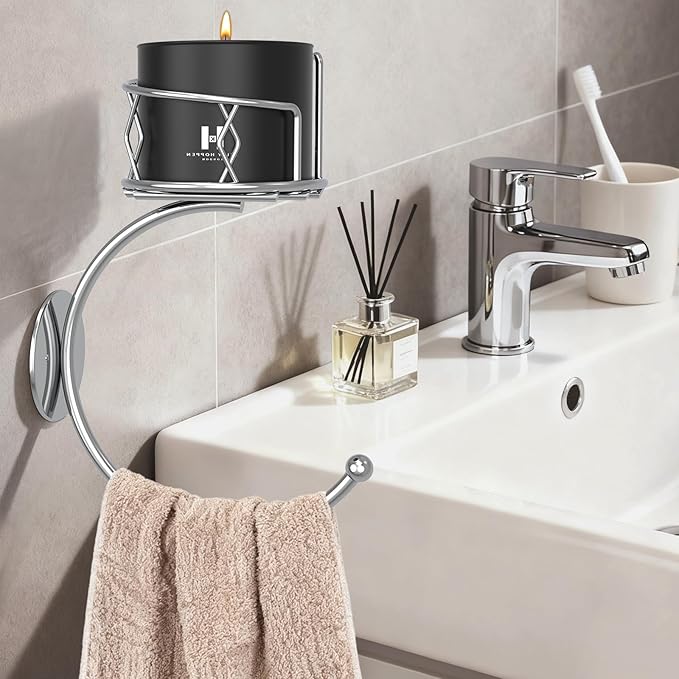 Simple Silver Hand Towel Holder for Bathroom Wall, Metal Sturdy Wall-Mounted Towel Hook with Candle Holder for Vase and Bottled, Hand Towel Racks/Hanger for Bathroom Decor and Kitchen