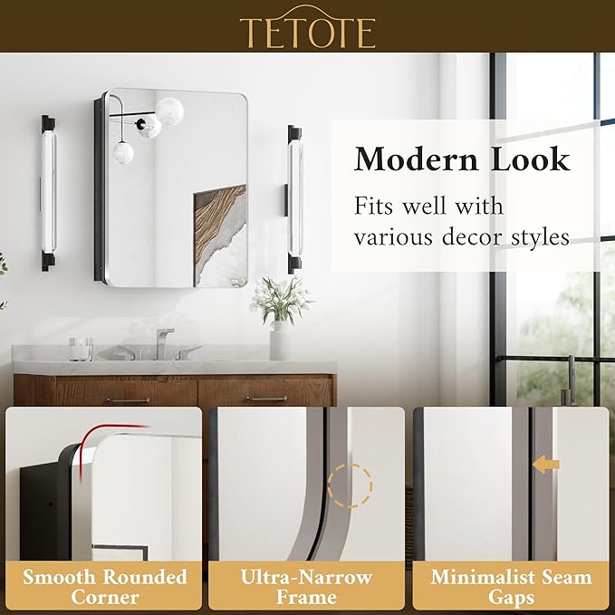 TETOTE 24 X 32 Medicine Cabinet Mirror Polished Chrome Stainless Steel Framed Bathroom Mirror Cabinet with Adjustable Shelves Recessed Mounted/Surface Mounted Medicine Cabinet with Mirror