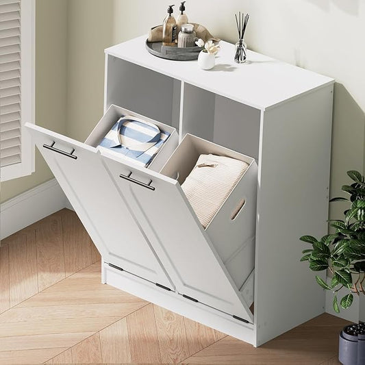 HOOBRO Double Laundry Cabinet, 22 Gal. (83 L) Hamper Cabinet with 2 Hidden Baskets, Farmhouse Storage Basket, Laundry Hamper for Bathroom, Living Room, 14.2" x 28.3" x 32", White WT81XY01N1
