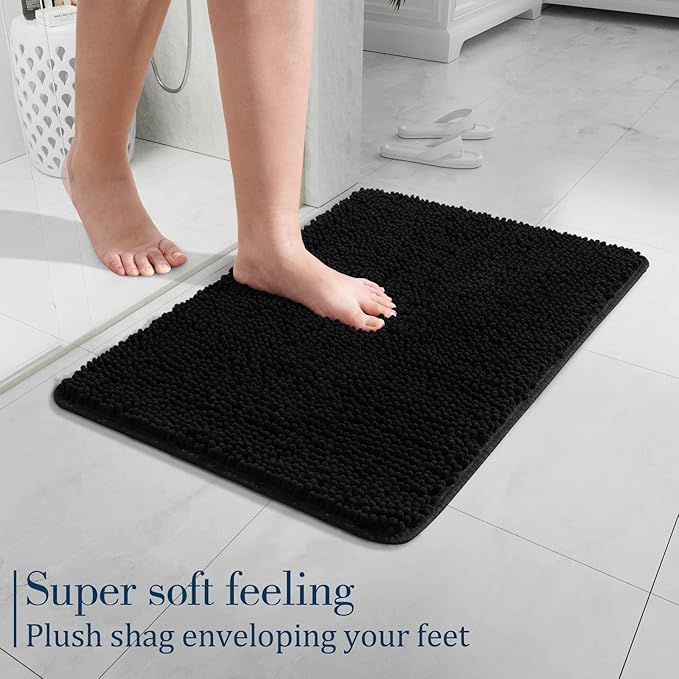 LOCHAS Luxury Bathroom Rug Shaggy Bath Mat 24 x 17 Inch, Washable Non Slip Bath Rugs for Bathroom Shower, Soft Plush Chenille Absorbent Carpets Mats, Black