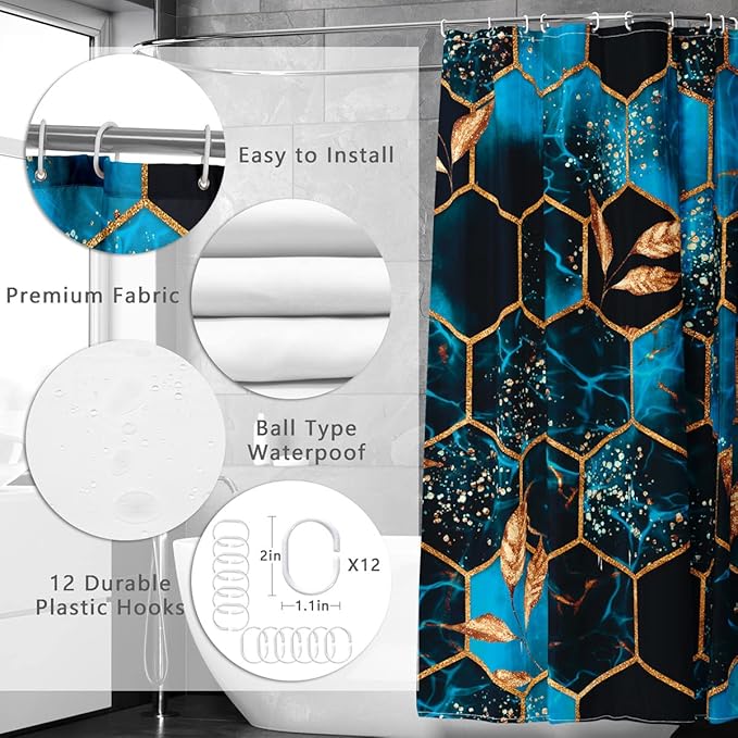 Poedist 4 Pcs Bathroom Shower Curtain Set,Peak Blue Honeycomb Marble Bathroom Sets with Rugs(Bath Mat,U Shape and Toilet Lid Cover Mat) and 12 Hooks