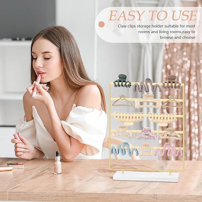 SNOWSTAR Hair Claw Clip Holder Organizer - 5 Tier Iron Rod Hair Clip Holder Storage for Women Girls, Wood Base Desktop Organizer