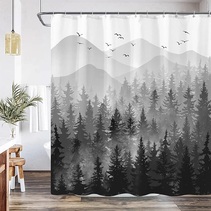 84 Inch Extra Long Black and White Misty Forest Shower Curtain Ombre Dark Gray Mountain Pine Tree Waterproof Fabric Shower Curtains for Bathroom Grey Nature Woodland Decorative Bath Curtain Decor