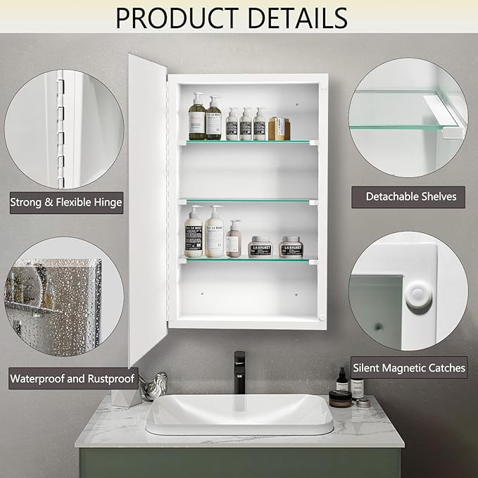 16"x26" Medicine Cabinet,HD Bathroom Mirror Cabinet with Beveled Mirror,Removeable Shelves, Recessed and Surface Mount,Frameless Bathroom Mirror with Storage