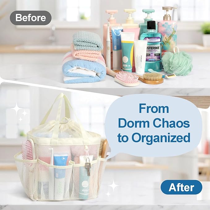 F-color Mesh Shower Caddy Portable with Drawstring -Upgrade Deeper 7 Pockets Dorm Room Essentials for Guys Girls with S Hook, Shower Bag Basket Tote for College Camping Gym Bathroom, Butter White